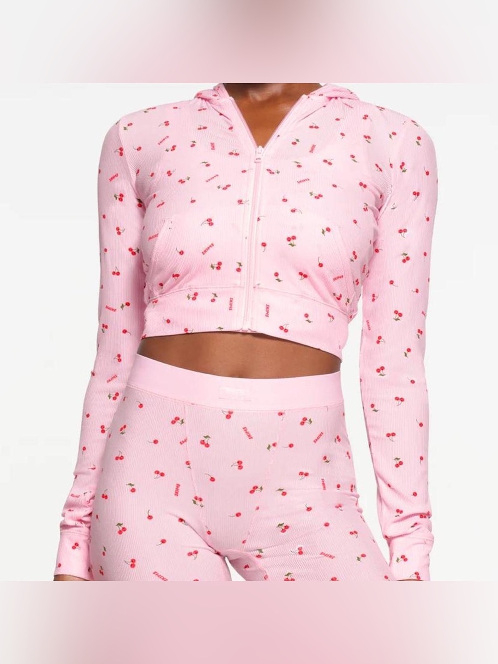 SKIMS Pink Cherry Print Zip Up Hoodie